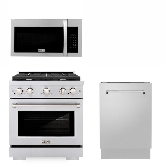 ZLINE 30" Kitchen Package with Stainless Steel Gas Range, Modern Over The Range Microwave and Tall Tub Dishwasher (3KP-SGROTR30-DWV)