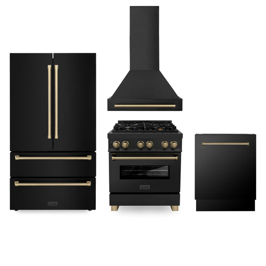 ZLINE 30" Autograph Edition Kitchen Package with Black Stainless Steel Dual Fuel Range, Range Hood, Dishwasher and Refrigeration with Champagne Bronze Accents (4AKPR-RABRHDWV30-CB)