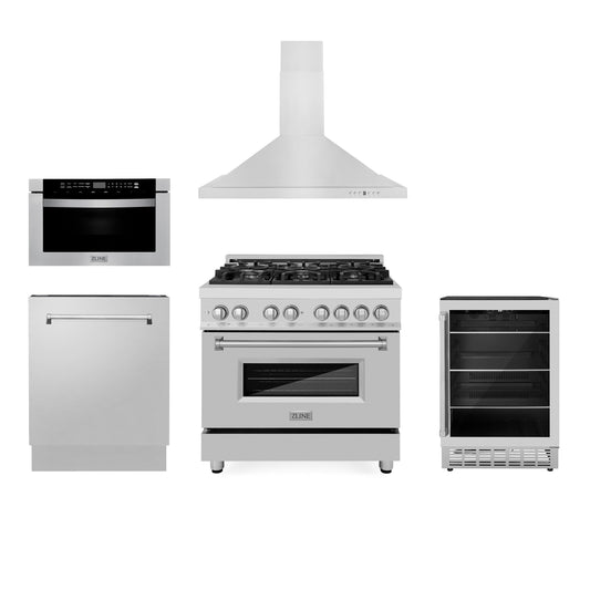 ZLINE 36" Kitchen Package with Stainless Steel Dual Fuel Range, Range Hood, Microwave Drawer, Tall Tub Dishwasher and Beverage Fridge (5KP-RARH36-MWDWV-RBV)