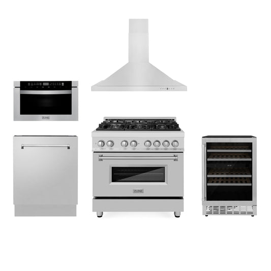 ZLINE 36" Kitchen Package with Stainless Steel Dual Fuel Range, Range Hood, Microwave Drawer, Tall Tub Dishwasher and Wine Cooler (5KP-RARH36-MWDWV-RWV)