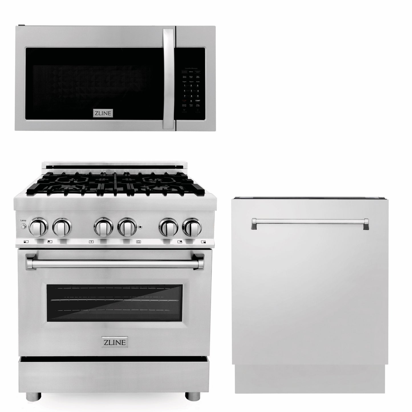 ZLINE 30 in. Kitchen Package with Stainless Steel Dual Fuel Range with a 30 in. Over the Range Microwave, and Stainless Steel Dishwasher (3KP-RAOTR30-DW)