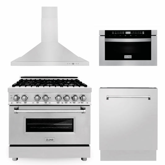 ZLINE 36" Kitchen Package with Stainless Steel Dual Fuel Range, Range Hood, Microwave Drawer and Tall Tub Dishwasher (4KP-RARH36-MWDWV)