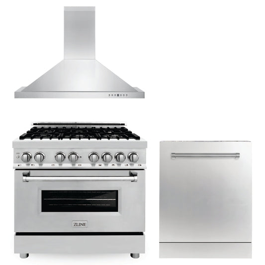 ZLINE 36 in. Kitchen Package with Stainless Steel Dual Fuel Range, Convertible Vent Range Hood and Dishwasher (3KP-RARH36-DW)