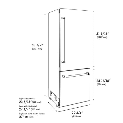 ZLINE 30" 16.1 cu. ft. Built-In 2-Door Bottom Freezer Refrigerator with Internal Water and Ice Dispenser in Stainless Steel (RBIV-304-30)