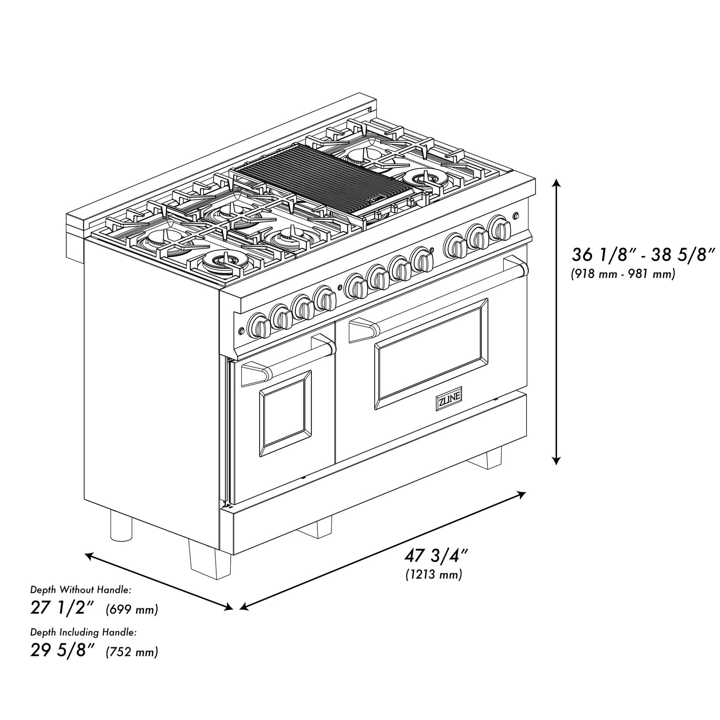 ZLINE 48 in. 6.0 cu. ft. Legacy Dual Fuel Range with 7 Burner Gas Cooktop and 2 Electric Ovens in Stainless Steel